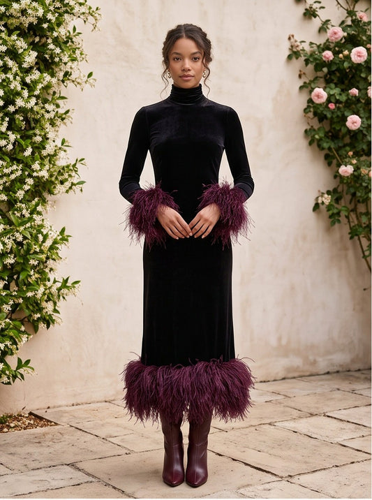 Velvet Feather Trim Midi Dress
