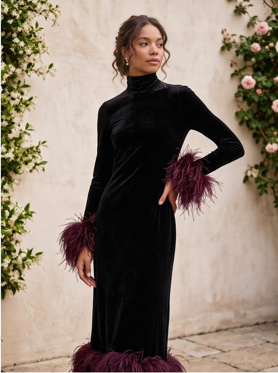 Velvet Feather Trim Midi Dress