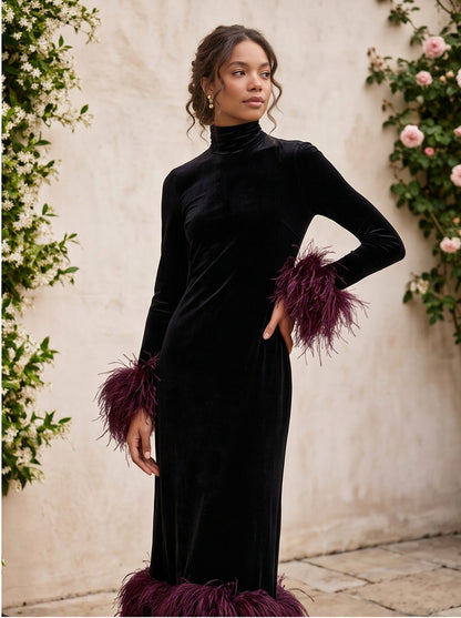 Velvet Feather Trim Midi Dress