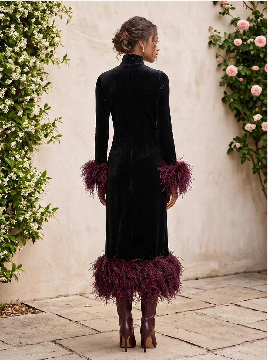 Velvet Feather Trim Midi Dress