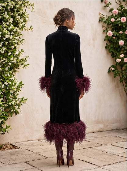 Velvet Feather Trim Midi Dress