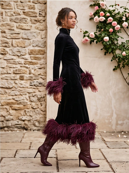 Velvet Feather Trim Midi Dress