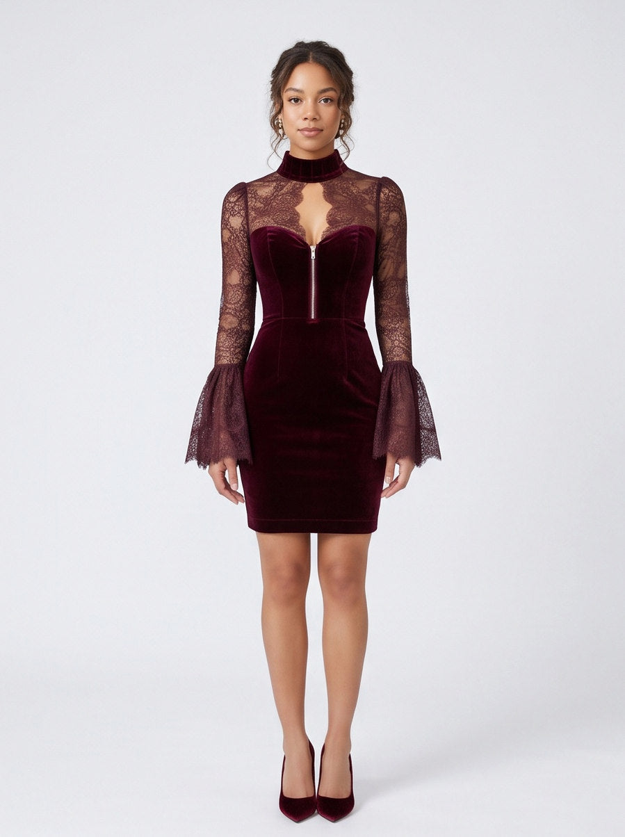 Velvet Lace Long Bell Sleeve Mini Dress