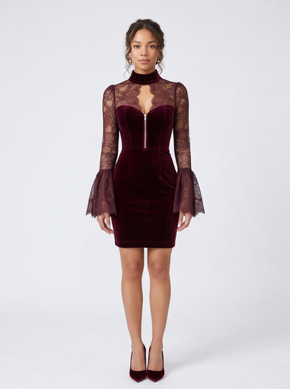 Velvet Lace Long Bell Sleeve Mini Dress