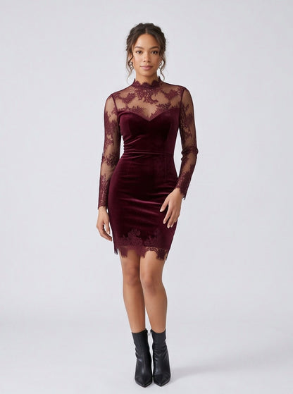 Velvet Lace Long Sleeve Mini Dress
