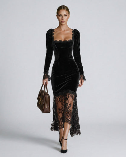 Velvet Lace Trim Midi Dress