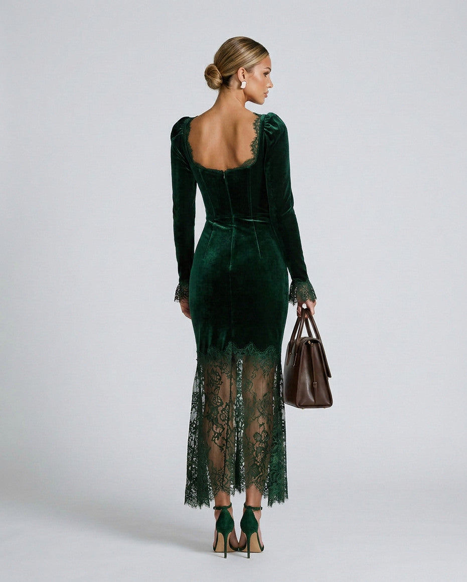 Velvet Lace Trim Midi Dress