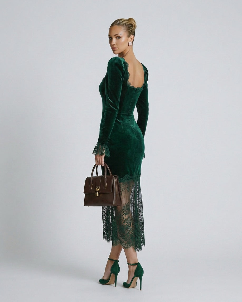 Velvet Lace Trim Midi Dress