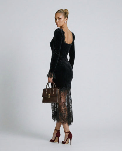Velvet Lace Trim Midi Dress
