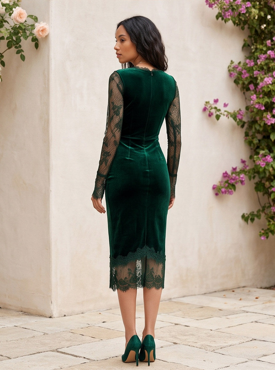 Velvet Lace Trim Midi Dress