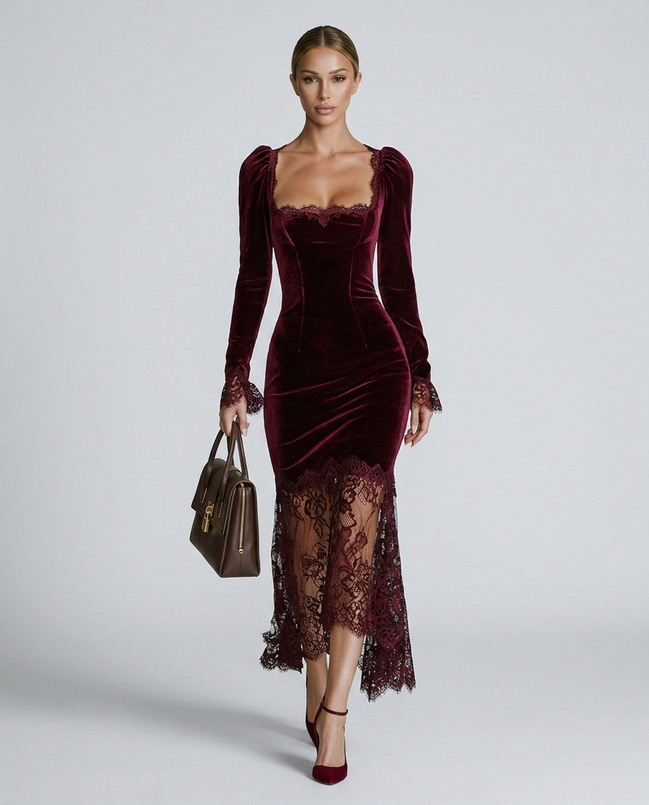 Velvet Lace Trim Midi Dress