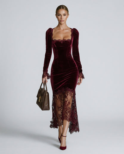 Velvet Lace Trim Midi Dress