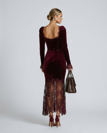 Velvet Lace Trim Midi Dress