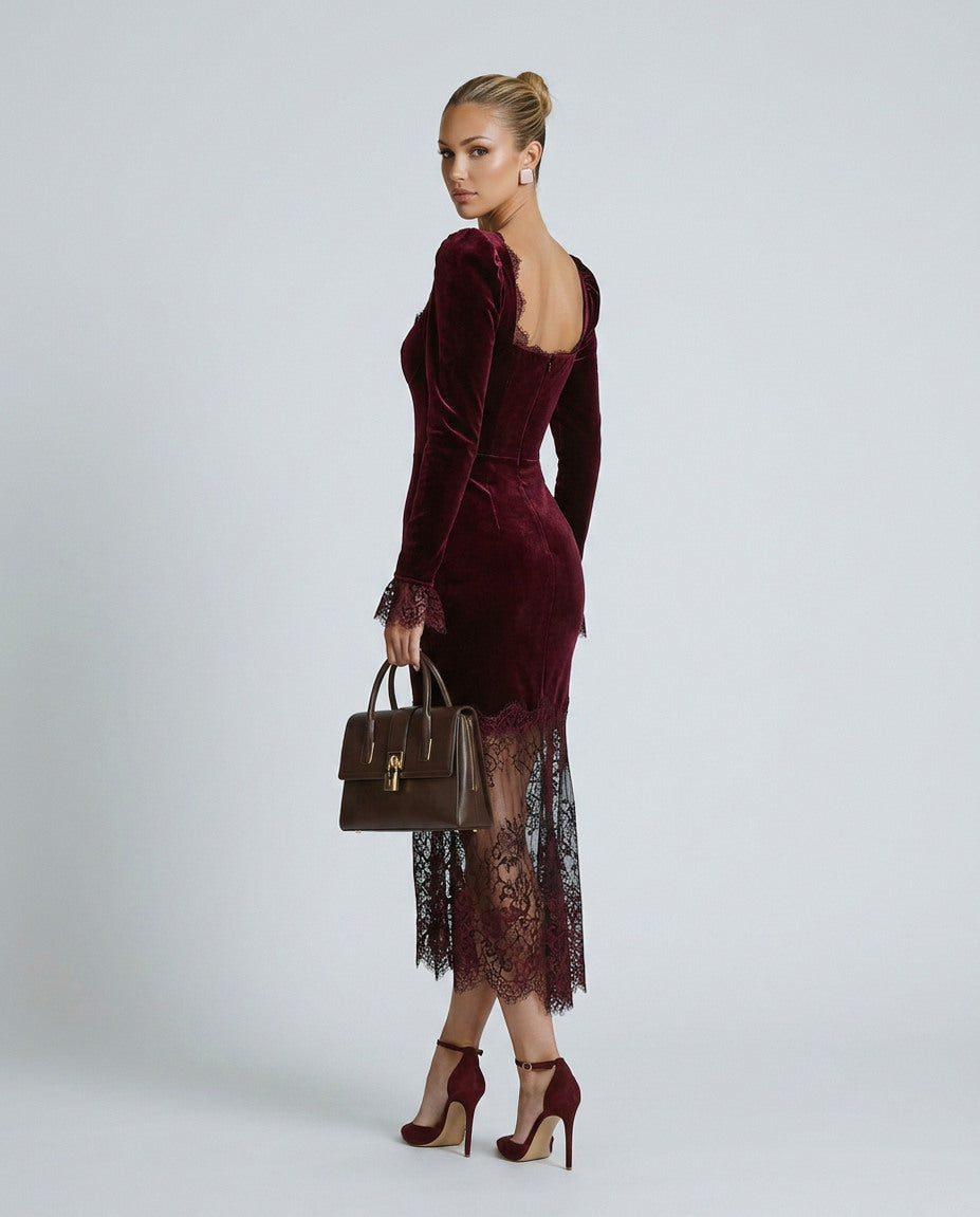 Velvet Lace Trim Midi Dress