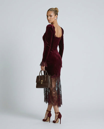 Velvet Lace Trim Midi Dress