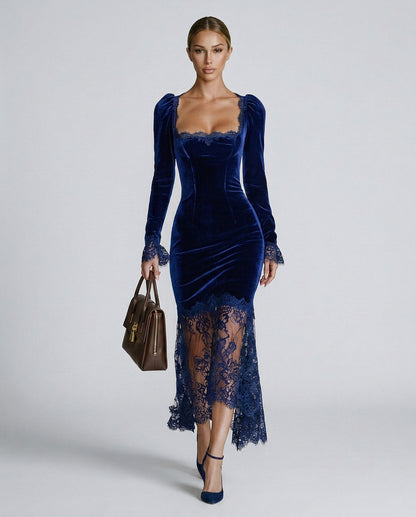 Velvet Lace Trim Midi Dress