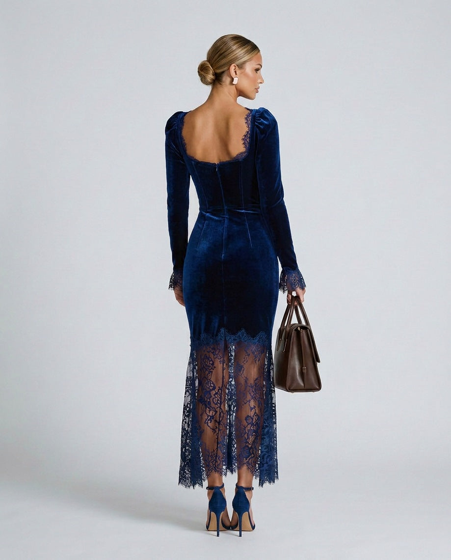 Velvet Lace Trim Midi Dress