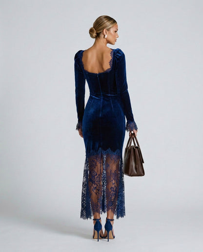 Velvet Lace Trim Midi Dress