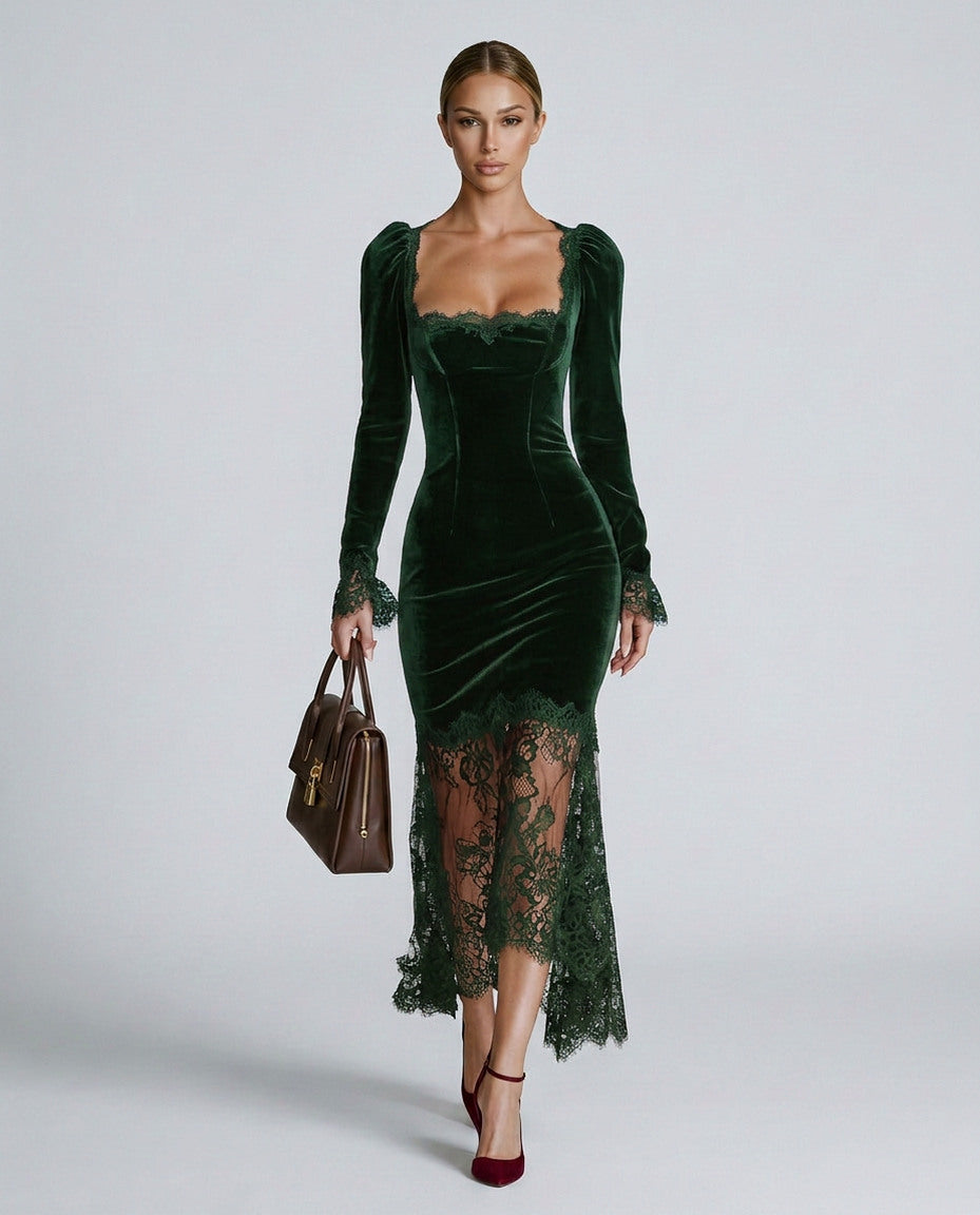 Velvet Lace Trim Midi Dress