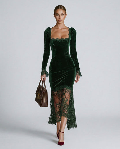 Velvet Lace Trim Midi Dress