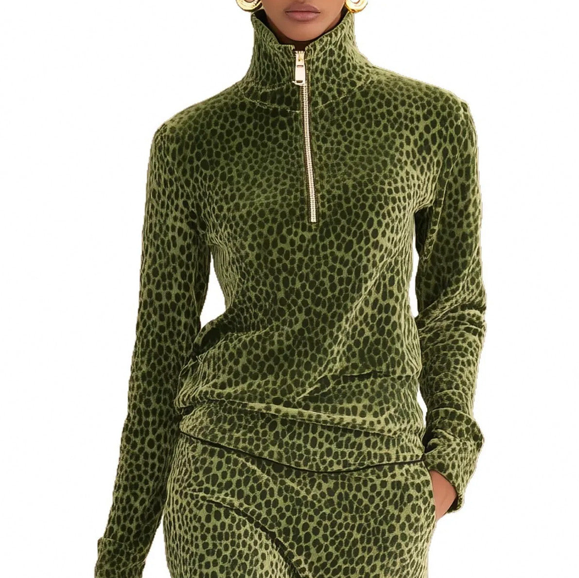 Velvet Leopard Print Half Zip Midi Dress
