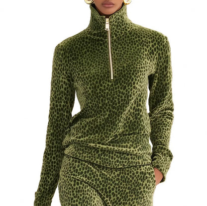 Velvet Leopard Print Half Zip Midi Dress