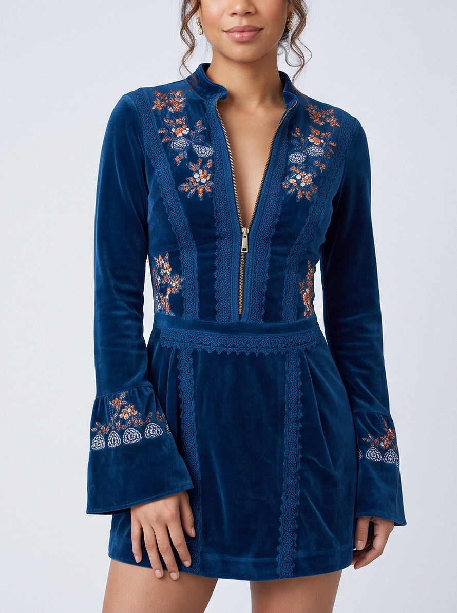 Velvet Embroidered Bell Sleeve Mini Dress
