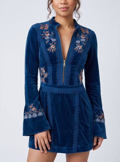Velvet Embroidered Bell Sleeve Mini Dress