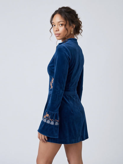 Velvet Embroidered Bell Sleeve Mini Dress