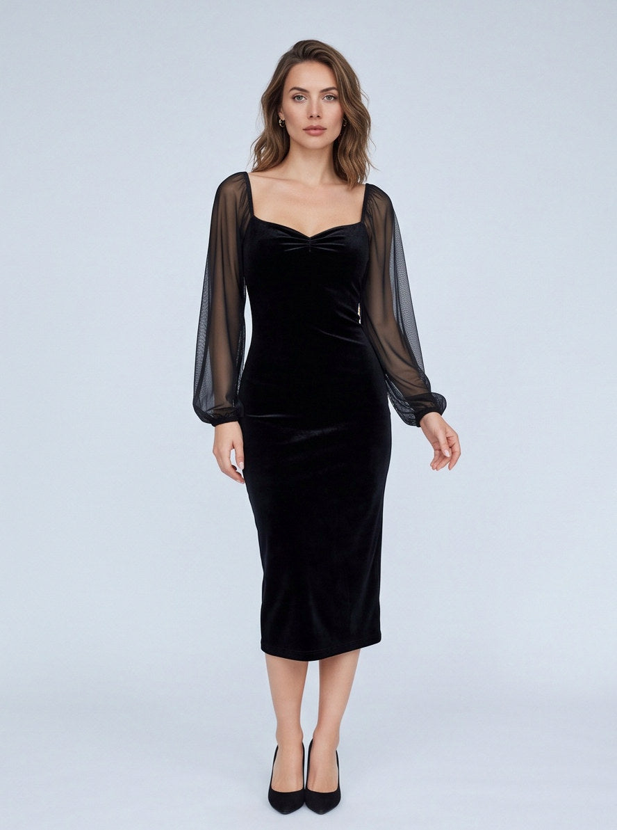 Velvet Mesh Long Sleeve Midi Dress