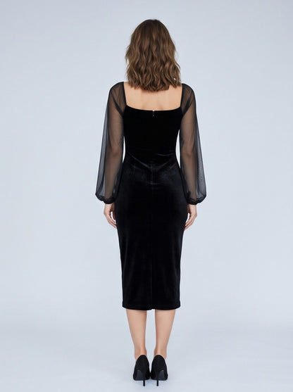 Velvet Mesh Long Sleeve Midi Dress