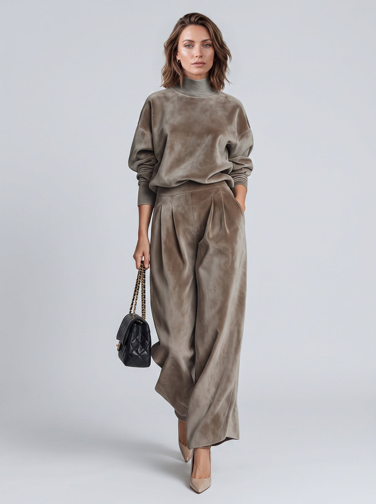 Velvet Mock Neck Wide Leg Set