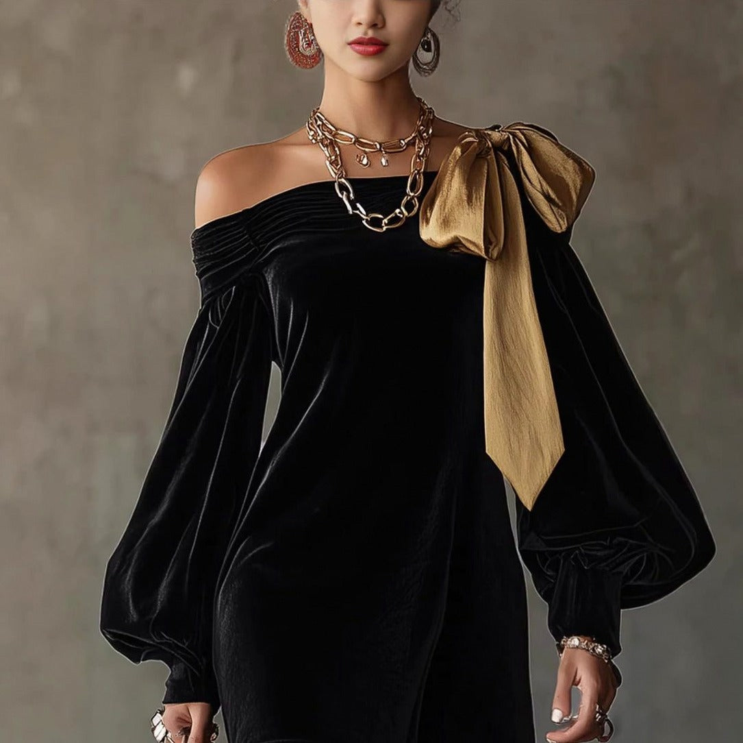 Velvet Off Shoulder Bow Mini Dress