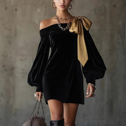 Velvet Off Shoulder Bow Mini Dress