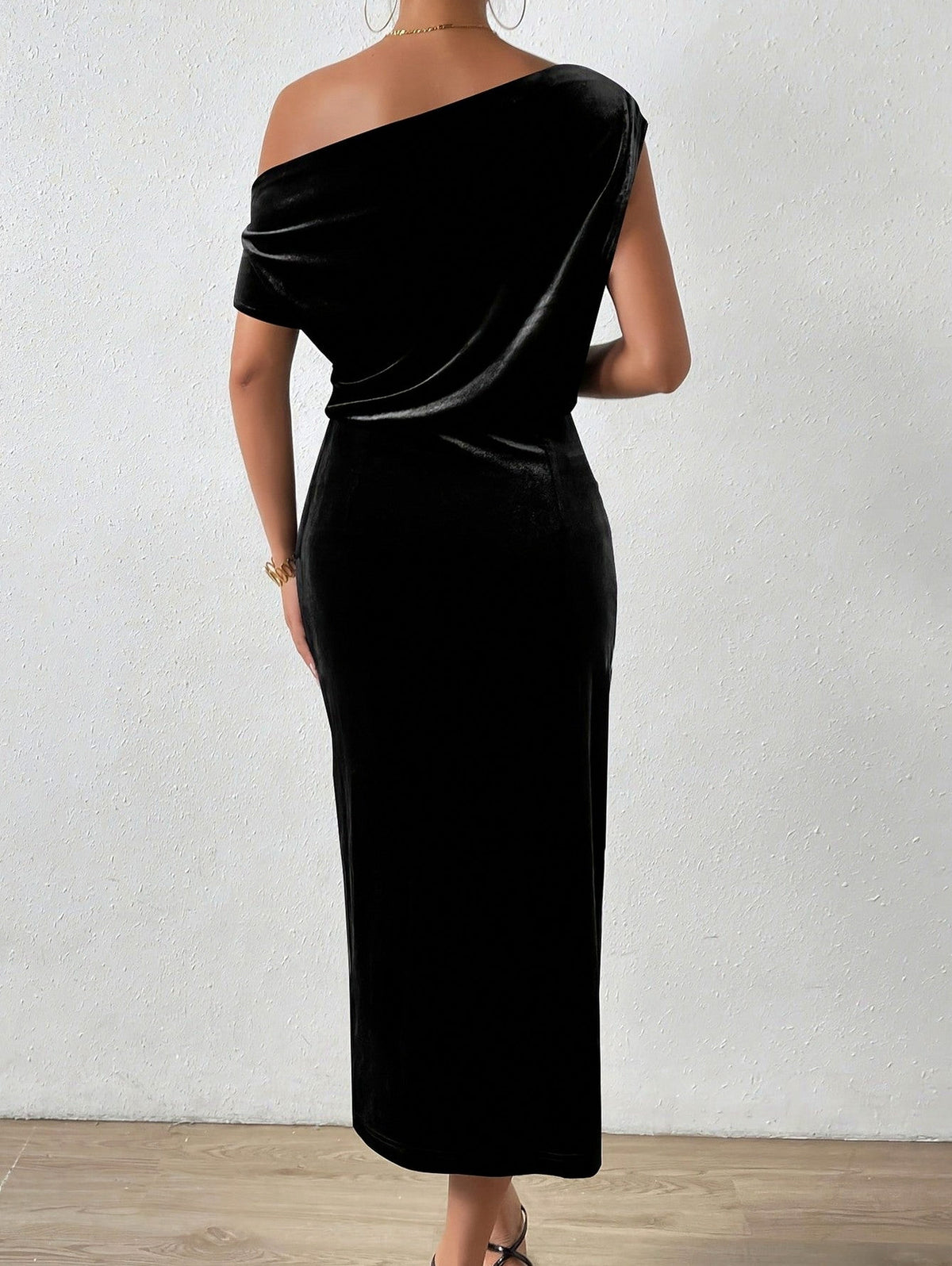 Velvet One Shoulder Draped Ruched Slit Midi Dress