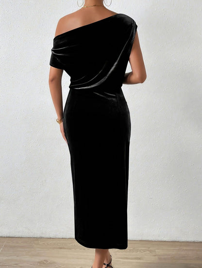 Velvet One Shoulder Draped Ruched Slit Midi Dress