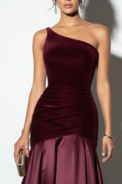Velvet One Shoulder Drop Waist Maxi Dress
