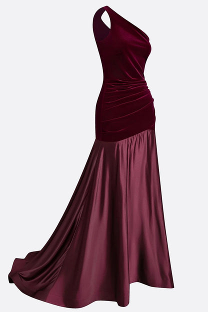 Velvet One Shoulder Drop Waist Maxi Dress