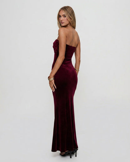 Velvet Strapless Ruched Maxi Dress
