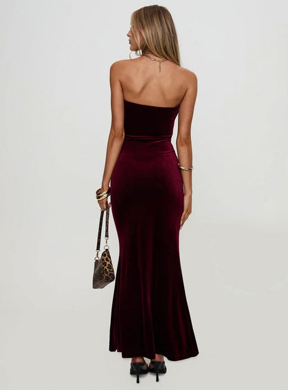 Velvet Strapless Ruched Maxi Dress