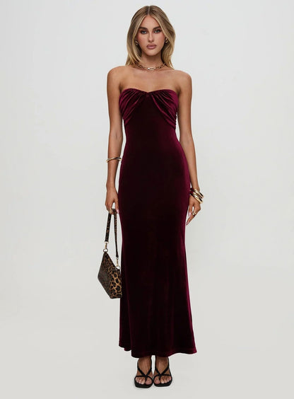 Velvet Strapless Ruched Maxi Dress