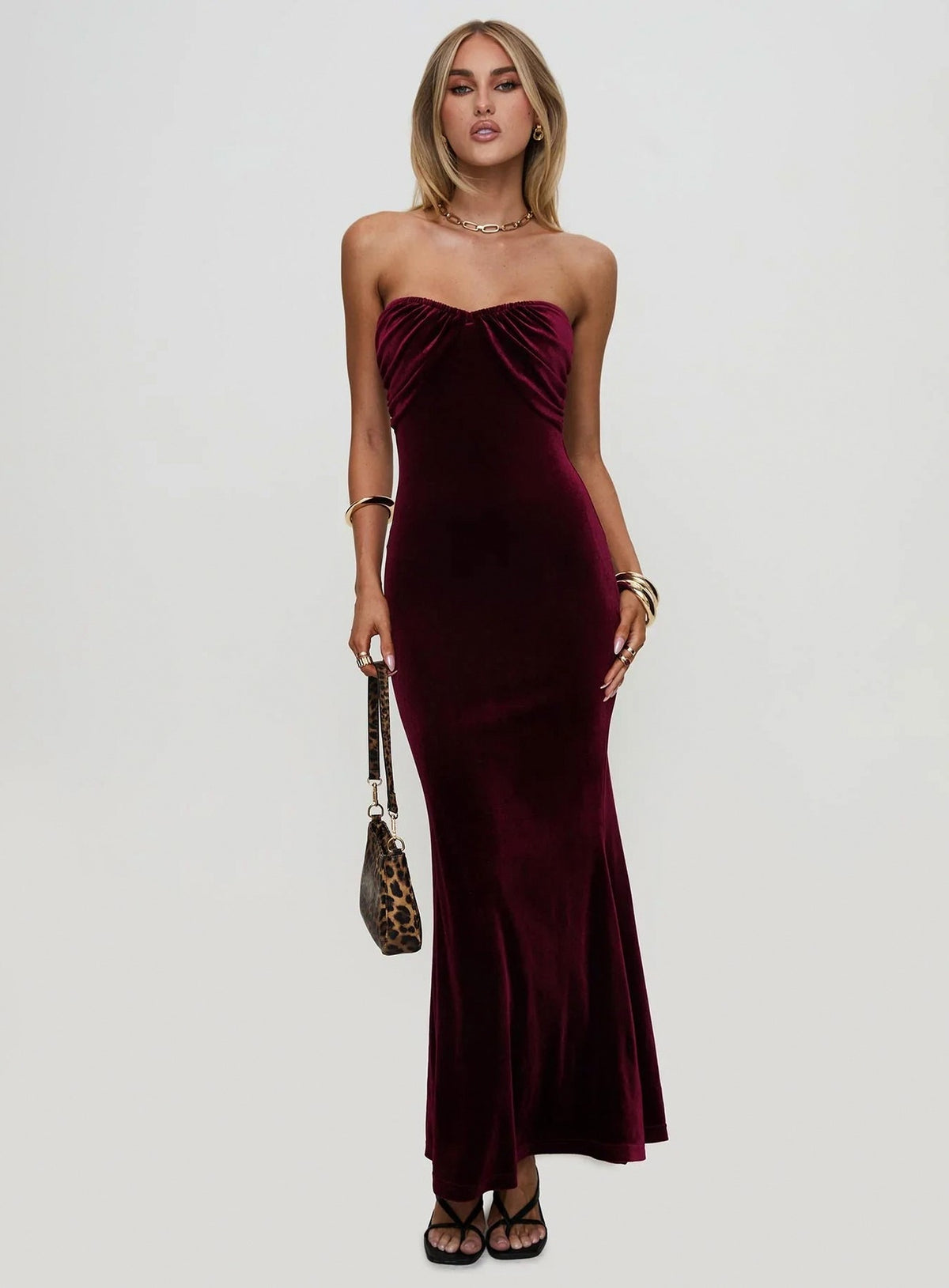 Velvet Strapless Ruched Maxi Dress