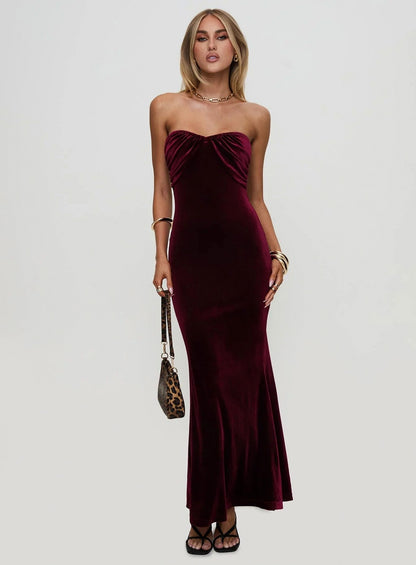 Velvet Strapless Ruched Maxi Dress