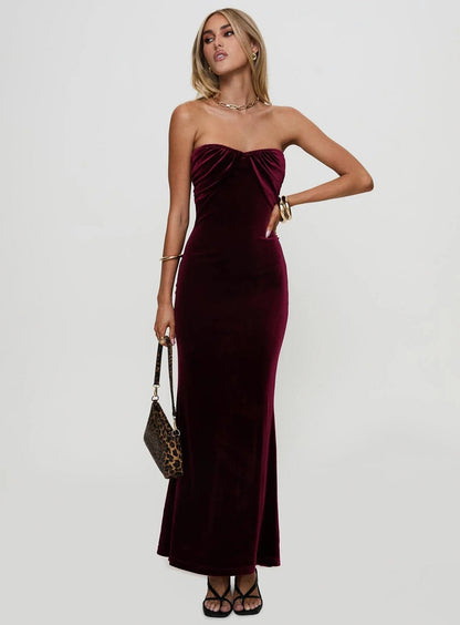 Velvet Strapless Ruched Maxi Dress