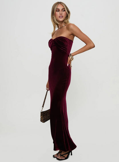 Velvet Strapless Ruched Maxi Dress