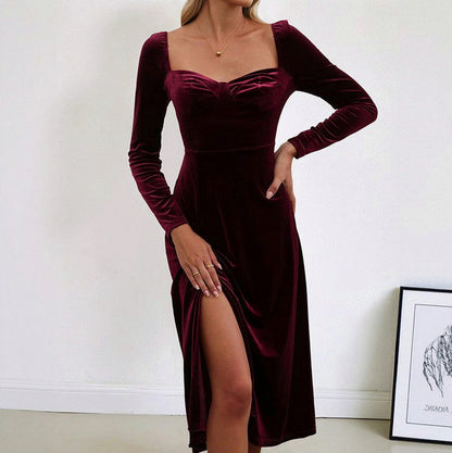 Velvet Long Sleeve Sweetheart Slit Midi Dress