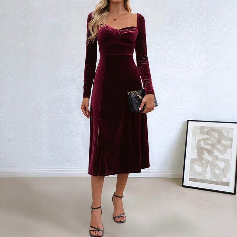 Velvet Long Sleeve Sweetheart Slit Midi Dress
