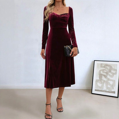 Velvet Long Sleeve Sweetheart Slit Midi Dress