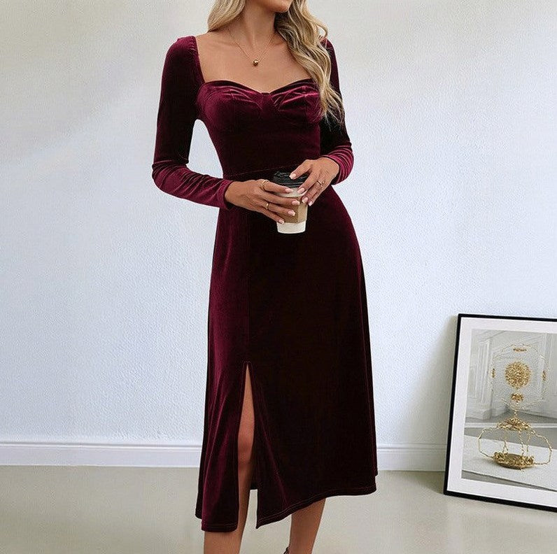 Velvet Long Sleeve Sweetheart Slit Midi Dress