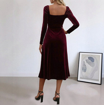 Velvet Long Sleeve Sweetheart Slit Midi Dress
